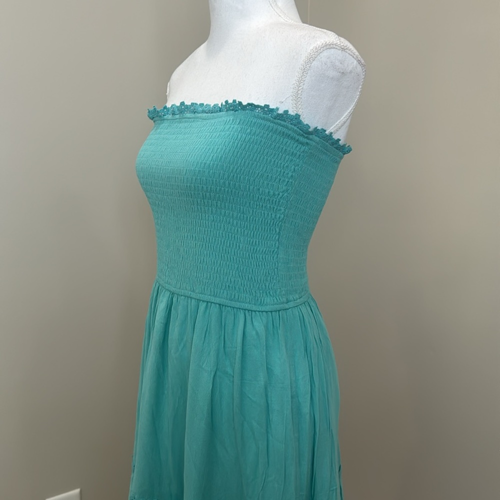Light Turqouise Blue Strapless Maxi Dress with Smocked Bodice and Full Skirt - Picture 5 of 10